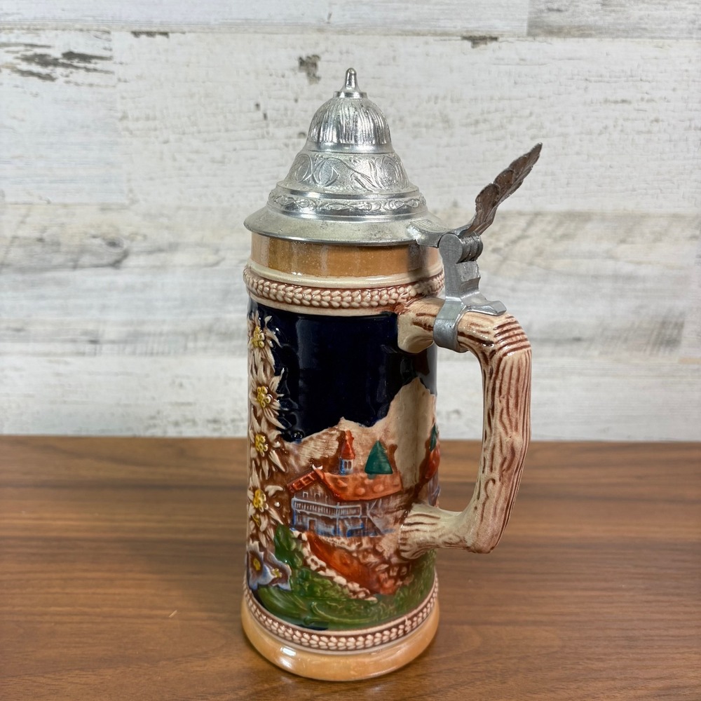 Vintage Gerz Ger-Zit Hand-Painted German lidded Beer Stein West Germany 9" Tall